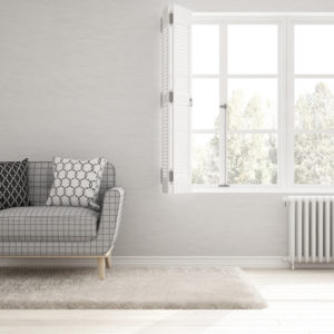 Minimalist living room, simple white living with big window, scandinavian classic interior design